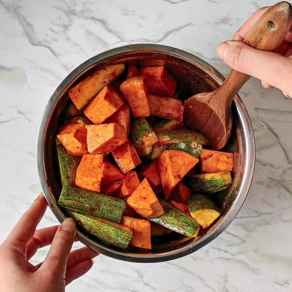 Roasted Zucchini and Sweet Potatoes mixing